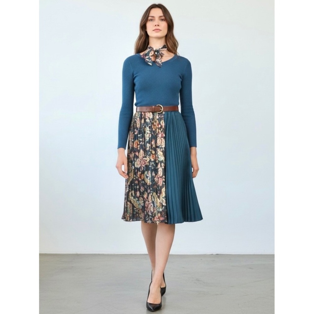 New Dalia MacPhee Mixed Media Pleated Skirt Sweater Dress Women XL Blue Paisley